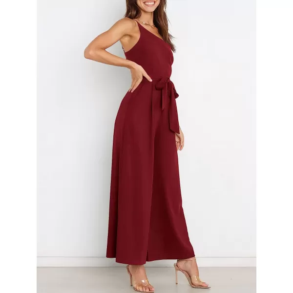 imageANRABESS Womens Summer Dressy One Shoulder Sleeveless Tie Waist Backless Casual Wide Leg Jumpsuit Rompers PocketsWine Red