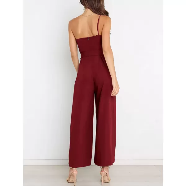imageANRABESS Womens Summer Dressy One Shoulder Sleeveless Tie Waist Backless Casual Wide Leg Jumpsuit Rompers PocketsWine Red