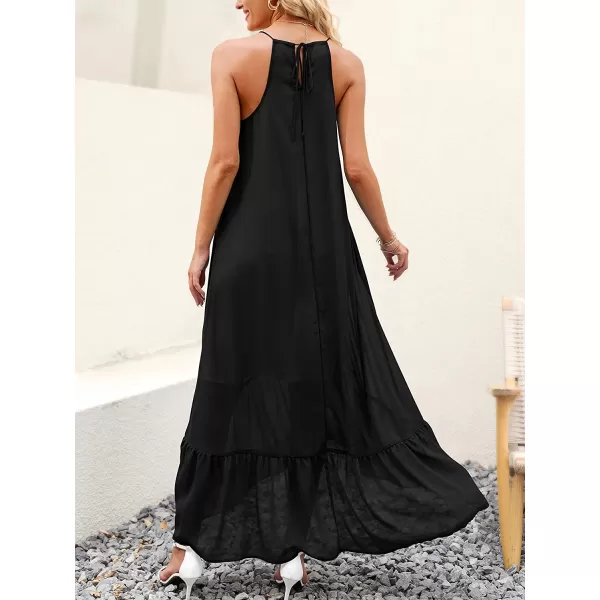 imageANRABESS Womens Summer High Low Ruffle Maxi Dress Spaghetti Strap Print Flowy Beach Long DressBlack