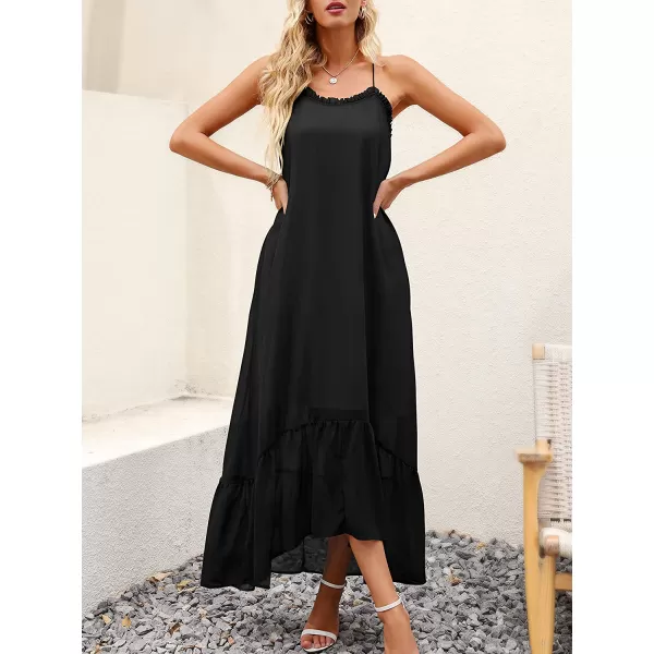 imageANRABESS Womens Summer High Low Ruffle Maxi Dress Spaghetti Strap Print Flowy Beach Long DressBlack