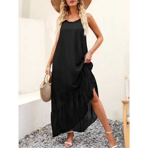 imageANRABESS Womens Summer High Low Ruffle Maxi Dress Spaghetti Strap Print Flowy Beach Long DressBlack