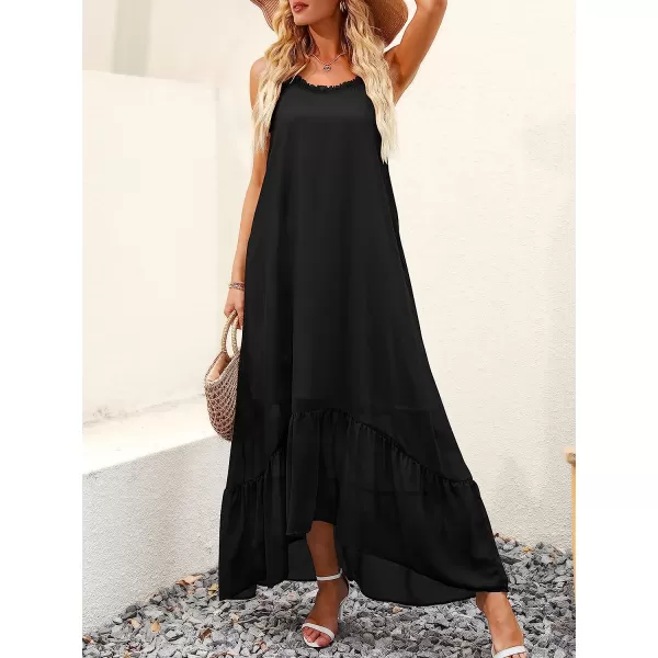 imageANRABESS Womens Summer High Low Ruffle Maxi Dress Spaghetti Strap Print Flowy Beach Long DressBlack