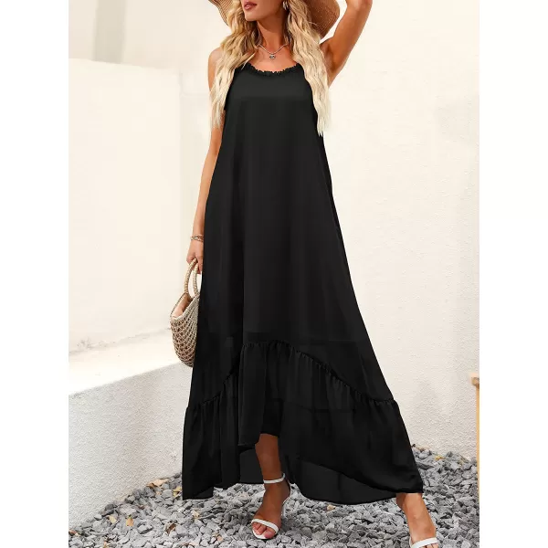 imageANRABESS Womens Summer High Low Ruffle Maxi Dress Spaghetti Strap Print Flowy Beach Long DressBlack