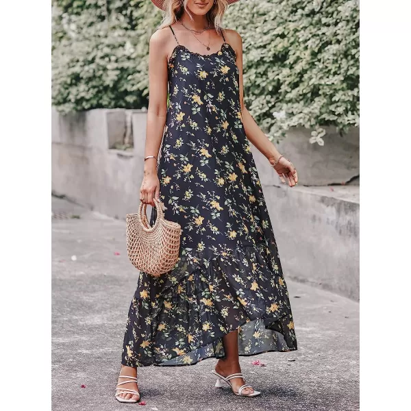 imageANRABESS Womens Summer High Low Ruffle Maxi Dress Spaghetti Strap Print Flowy Beach Long DressBlack Green