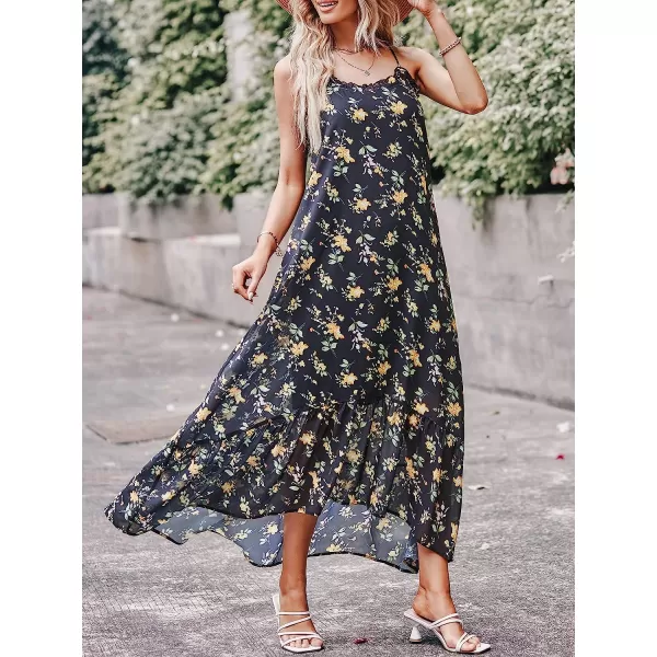 imageANRABESS Womens Summer High Low Ruffle Maxi Dress Spaghetti Strap Print Flowy Beach Long DressBlack Green