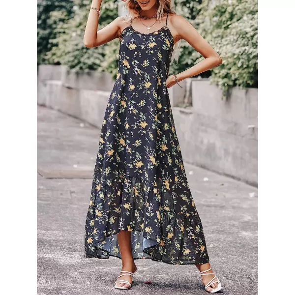 imageANRABESS Womens Summer High Low Ruffle Maxi Dress Spaghetti Strap Print Flowy Beach Long DressBlack Green