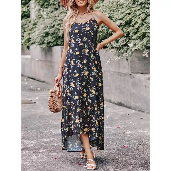imageANRABESS Womens Summer High Low Ruffle Maxi Dress Spaghetti Strap Print Flowy Beach Long DressBlack Green