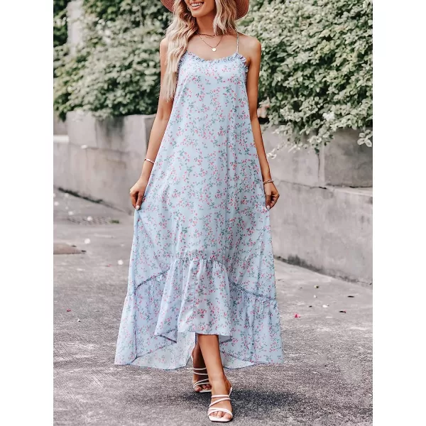 imageANRABESS Womens Summer High Low Ruffle Maxi Dress Spaghetti Strap Print Flowy Beach Long DressBlue Pink
