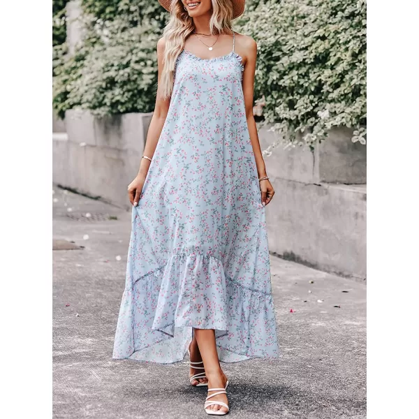 imageANRABESS Womens Summer High Low Ruffle Maxi Dress Spaghetti Strap Print Flowy Beach Long DressBlue Pink
