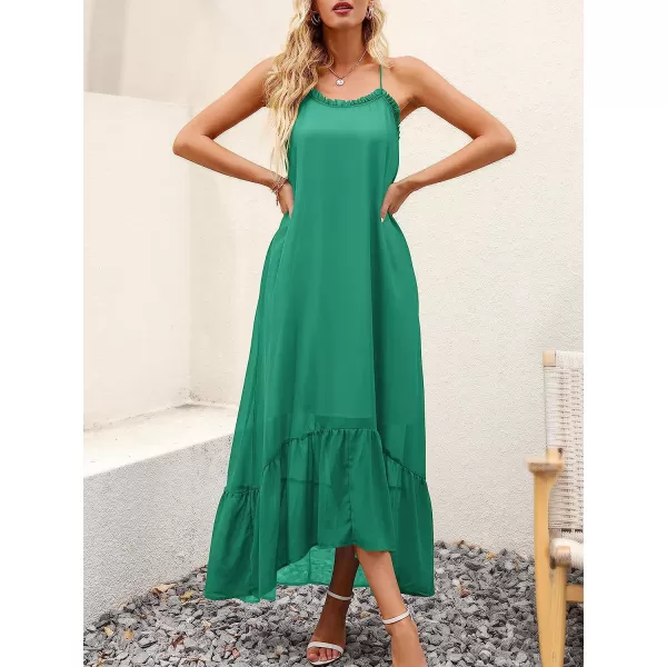 imageANRABESS Womens Summer High Low Ruffle Maxi Dress Spaghetti Strap Print Flowy Beach Long DressGreen
