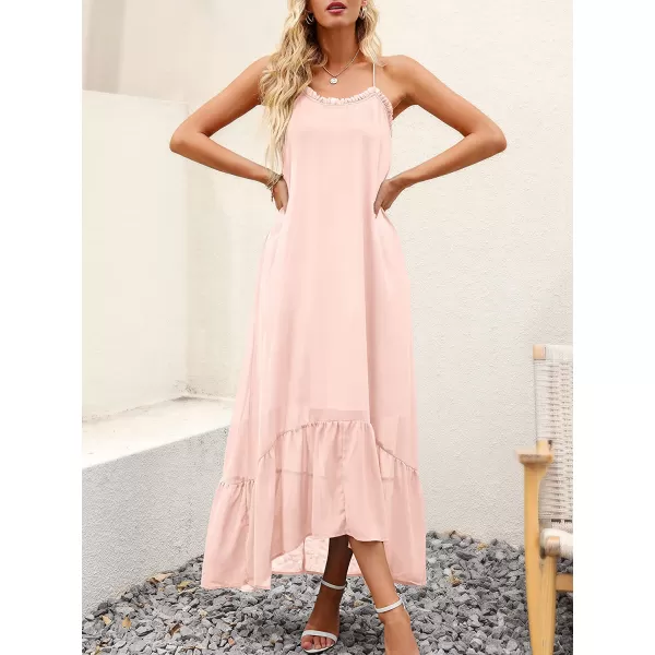 imageANRABESS Womens Summer High Low Ruffle Maxi Dress Spaghetti Strap Print Flowy Beach Long DressPink