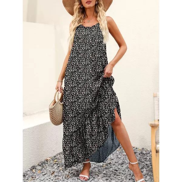 imageANRABESS Womens Summer High Low Ruffle Maxi Dress Spaghetti Strap Print Flowy Beach Long DressPrint Black