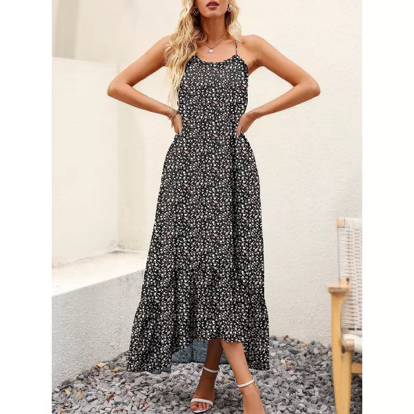 imageANRABESS Womens Summer High Low Ruffle Maxi Dress Spaghetti Strap Print Flowy Beach Long DressPrint Black