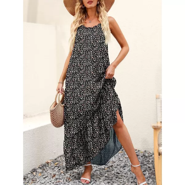 imageANRABESS Womens Summer High Low Ruffle Maxi Dress Spaghetti Strap Print Flowy Beach Long DressPrint Black
