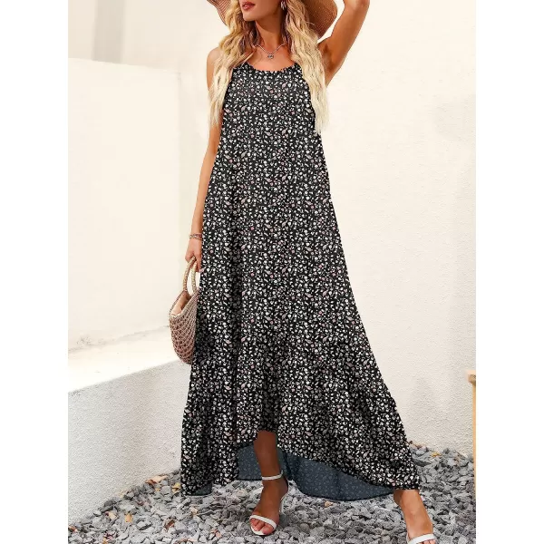 imageANRABESS Womens Summer High Low Ruffle Maxi Dress Spaghetti Strap Print Flowy Beach Long DressPrint Black