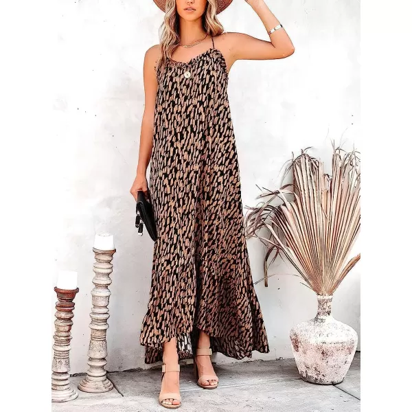 imageANRABESS Womens Summer High Low Ruffle Maxi Dress Spaghetti Strap Print Flowy Beach Long DressPrint Brown