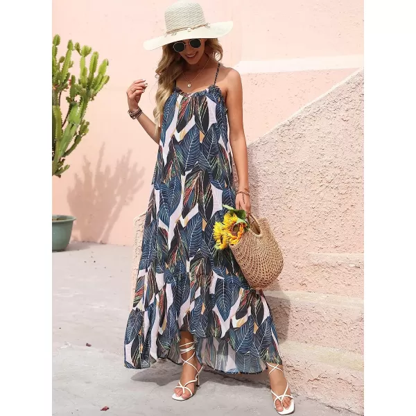 imageANRABESS Womens Summer High Low Ruffle Maxi Dress Spaghetti Strap Print Flowy Beach Long DressPrint Leaf