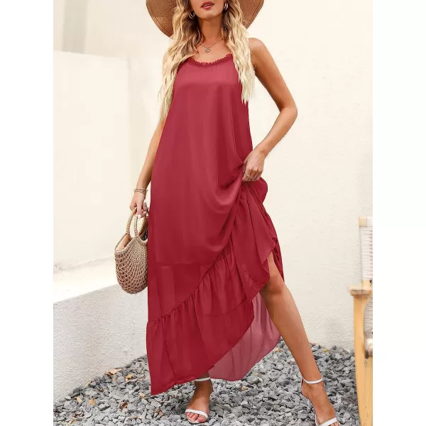 imageANRABESS Womens Summer High Low Ruffle Maxi Dress Spaghetti Strap Print Flowy Beach Long DressRed