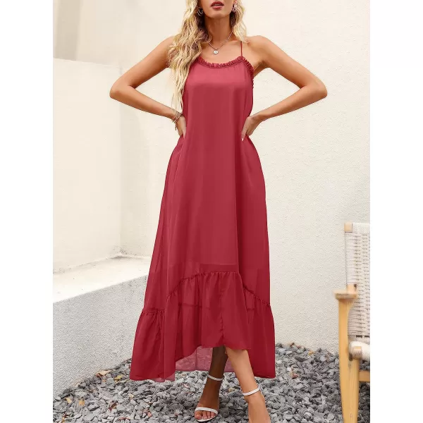 imageANRABESS Womens Summer High Low Ruffle Maxi Dress Spaghetti Strap Print Flowy Beach Long DressRed