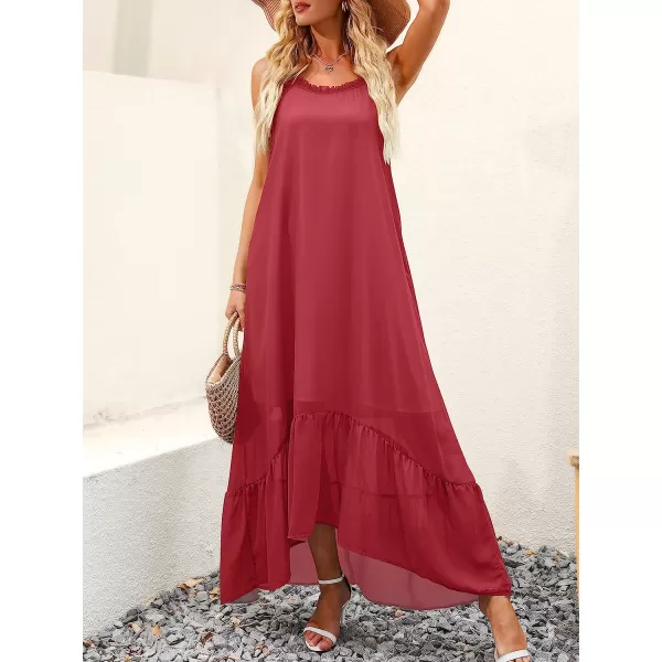 imageANRABESS Womens Summer High Low Ruffle Maxi Dress Spaghetti Strap Print Flowy Beach Long DressRed