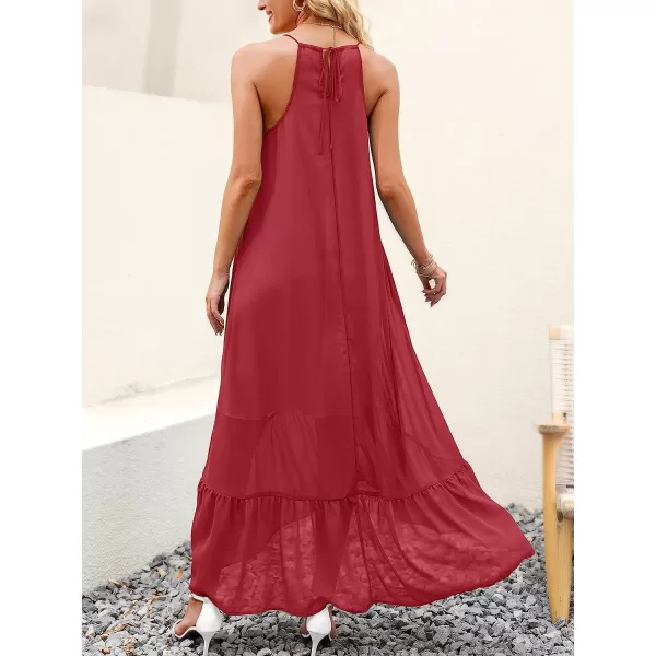 imageANRABESS Womens Summer High Low Ruffle Maxi Dress Spaghetti Strap Print Flowy Beach Long DressRed