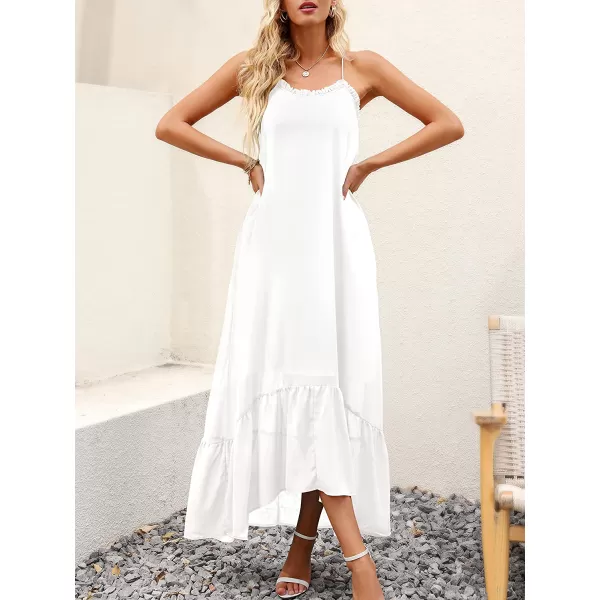 imageANRABESS Womens Summer High Low Ruffle Maxi Dress Spaghetti Strap Print Flowy Beach Long DressWhite