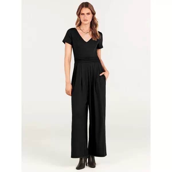 imageANRABESS Womens Summer Jumpsuit Casual Short Sleeve V Neck Pleated High Waist Wide Leg Jumpsuit Romper with Pockets01black