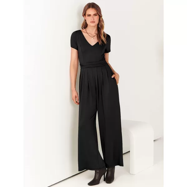 imageANRABESS Womens Summer Jumpsuit Casual Short Sleeve V Neck Pleated High Waist Wide Leg Jumpsuit Romper with Pockets01black