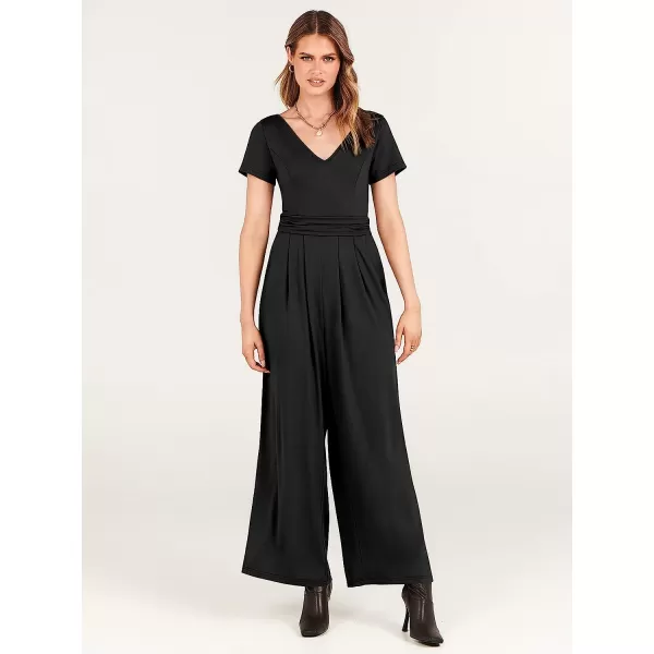 imageANRABESS Womens Summer Jumpsuit Casual Short Sleeve V Neck Pleated High Waist Wide Leg Jumpsuit Romper with Pockets01black