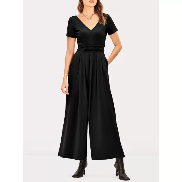 imageANRABESS Womens Summer Jumpsuit Casual Short Sleeve V Neck Pleated High Waist Wide Leg Jumpsuit Romper with Pockets01black
