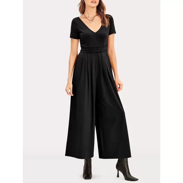 imageANRABESS Womens Summer Jumpsuit Casual Short Sleeve V Neck Pleated High Waist Wide Leg Jumpsuit Romper with Pockets01black