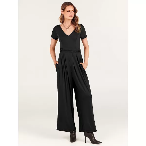 imageANRABESS Womens Summer Jumpsuit Casual Short Sleeve V Neck Pleated High Waist Wide Leg Jumpsuit Romper with Pockets01black
