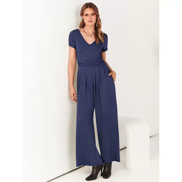 imageANRABESS Womens Summer Jumpsuit Casual Short Sleeve V Neck Pleated High Waist Wide Leg Jumpsuit Romper with Pockets02navy Blue