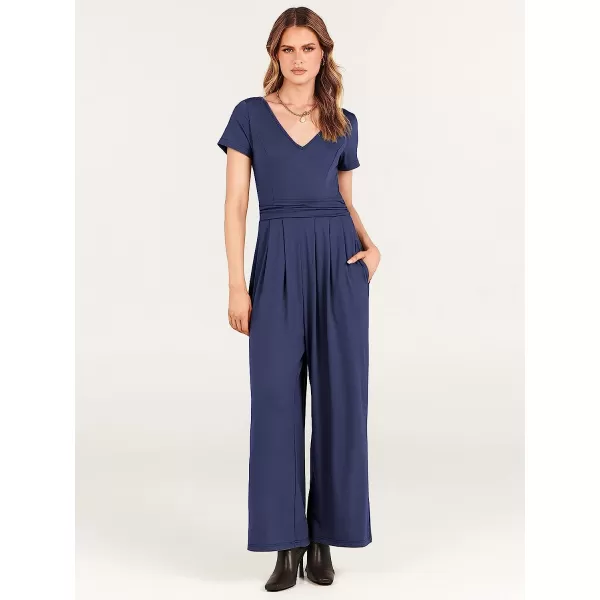 imageANRABESS Womens Summer Jumpsuit Casual Short Sleeve V Neck Pleated High Waist Wide Leg Jumpsuit Romper with Pockets02navy Blue