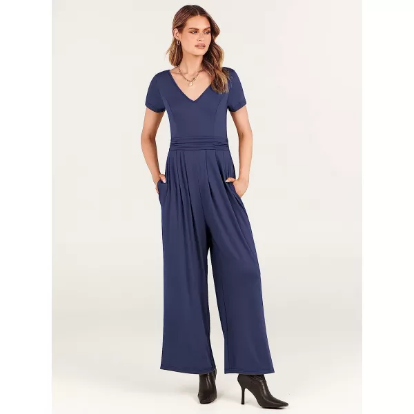 imageANRABESS Womens Summer Jumpsuit Casual Short Sleeve V Neck Pleated High Waist Wide Leg Jumpsuit Romper with Pockets02navy Blue