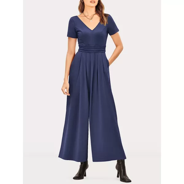 imageANRABESS Womens Summer Jumpsuit Casual Short Sleeve V Neck Pleated High Waist Wide Leg Jumpsuit Romper with Pockets02navy Blue