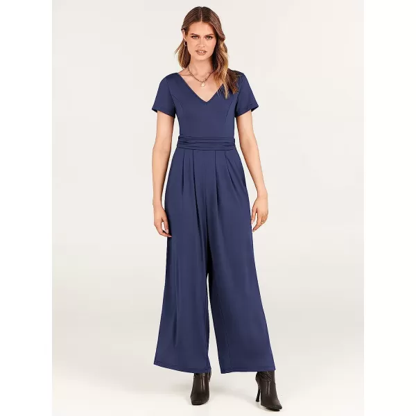 imageANRABESS Womens Summer Jumpsuit Casual Short Sleeve V Neck Pleated High Waist Wide Leg Jumpsuit Romper with Pockets02navy Blue