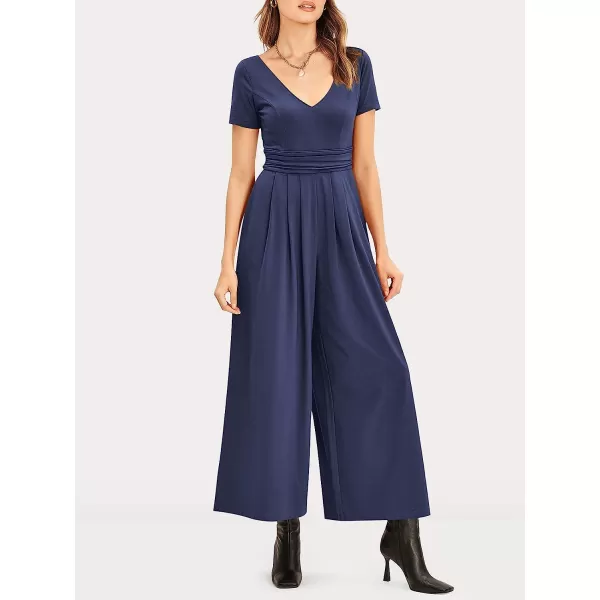 imageANRABESS Womens Summer Jumpsuit Casual Short Sleeve V Neck Pleated High Waist Wide Leg Jumpsuit Romper with Pockets02navy Blue