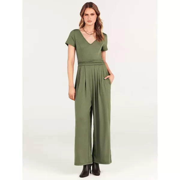 imageANRABESS Womens Summer Jumpsuit Casual Short Sleeve V Neck Pleated High Waist Wide Leg Jumpsuit Romper with Pockets03olive