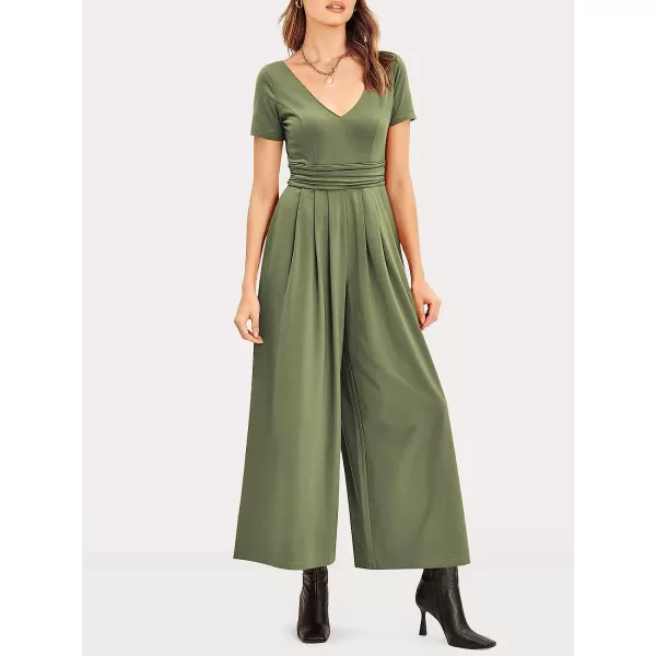 imageANRABESS Womens Summer Jumpsuit Casual Short Sleeve V Neck Pleated High Waist Wide Leg Jumpsuit Romper with Pockets03olive