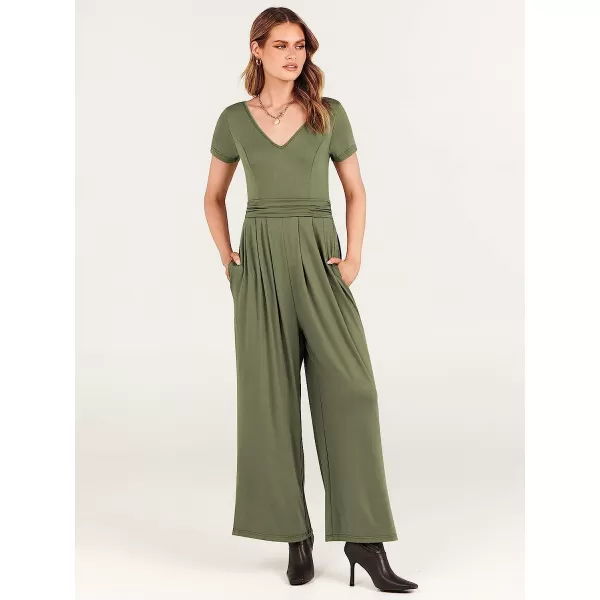 imageANRABESS Womens Summer Jumpsuit Casual Short Sleeve V Neck Pleated High Waist Wide Leg Jumpsuit Romper with Pockets03olive