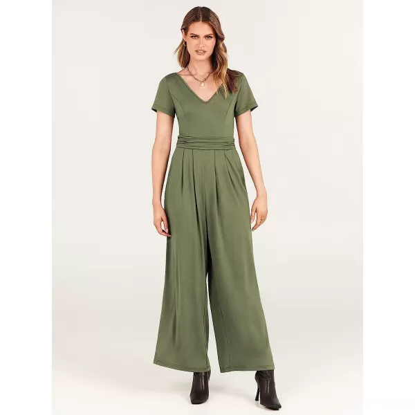 imageANRABESS Womens Summer Jumpsuit Casual Short Sleeve V Neck Pleated High Waist Wide Leg Jumpsuit Romper with Pockets03olive
