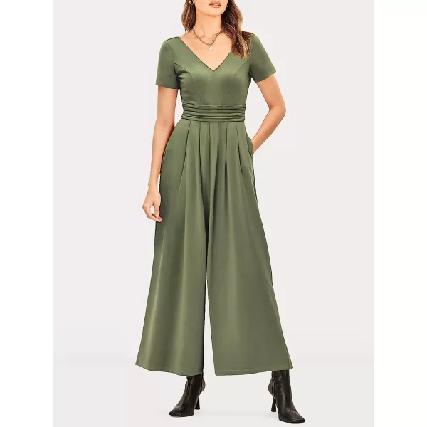 imageANRABESS Womens Summer Jumpsuit Casual Short Sleeve V Neck Pleated High Waist Wide Leg Jumpsuit Romper with Pockets03olive