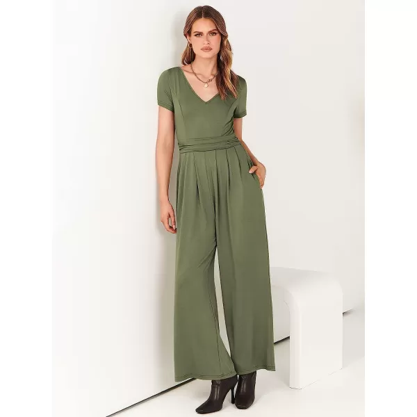 imageANRABESS Womens Summer Jumpsuit Casual Short Sleeve V Neck Pleated High Waist Wide Leg Jumpsuit Romper with Pockets03olive