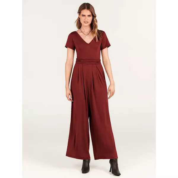 imageANRABESS Womens Summer Jumpsuit Casual Short Sleeve V Neck Pleated High Waist Wide Leg Jumpsuit Romper with Pockets04burgundy
