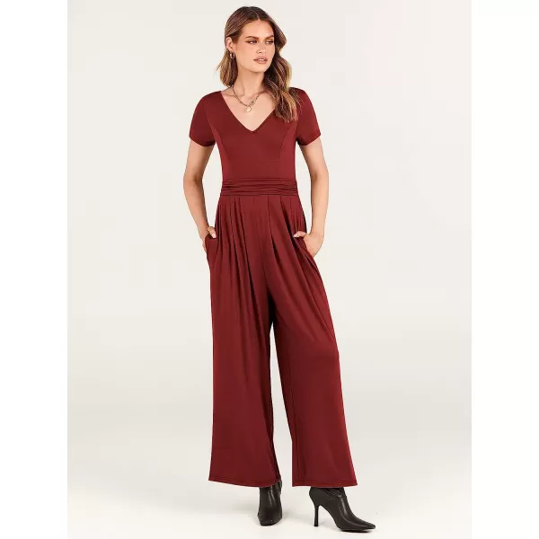 imageANRABESS Womens Summer Jumpsuit Casual Short Sleeve V Neck Pleated High Waist Wide Leg Jumpsuit Romper with Pockets04burgundy