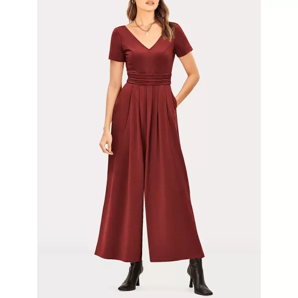 imageANRABESS Womens Summer Jumpsuit Casual Short Sleeve V Neck Pleated High Waist Wide Leg Jumpsuit Romper with Pockets04burgundy