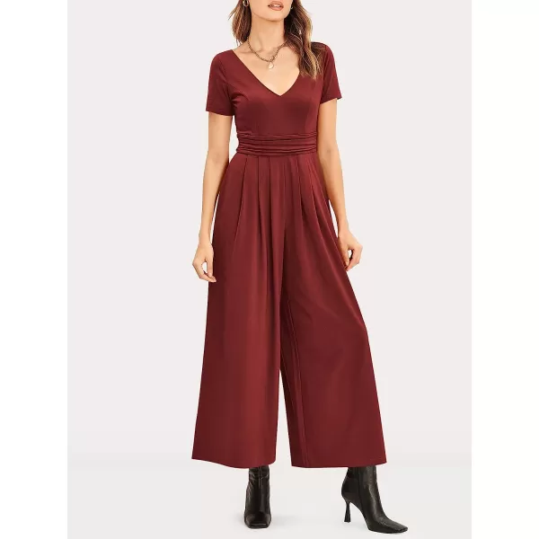 imageANRABESS Womens Summer Jumpsuit Casual Short Sleeve V Neck Pleated High Waist Wide Leg Jumpsuit Romper with Pockets04burgundy