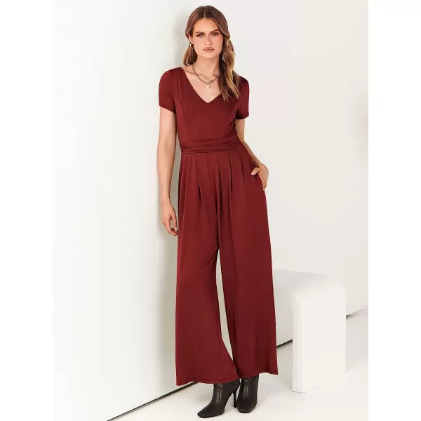 imageANRABESS Womens Summer Jumpsuit Casual Short Sleeve V Neck Pleated High Waist Wide Leg Jumpsuit Romper with Pockets04burgundy