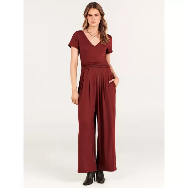 imageANRABESS Womens Summer Jumpsuit Casual Short Sleeve V Neck Pleated High Waist Wide Leg Jumpsuit Romper with Pockets04burgundy